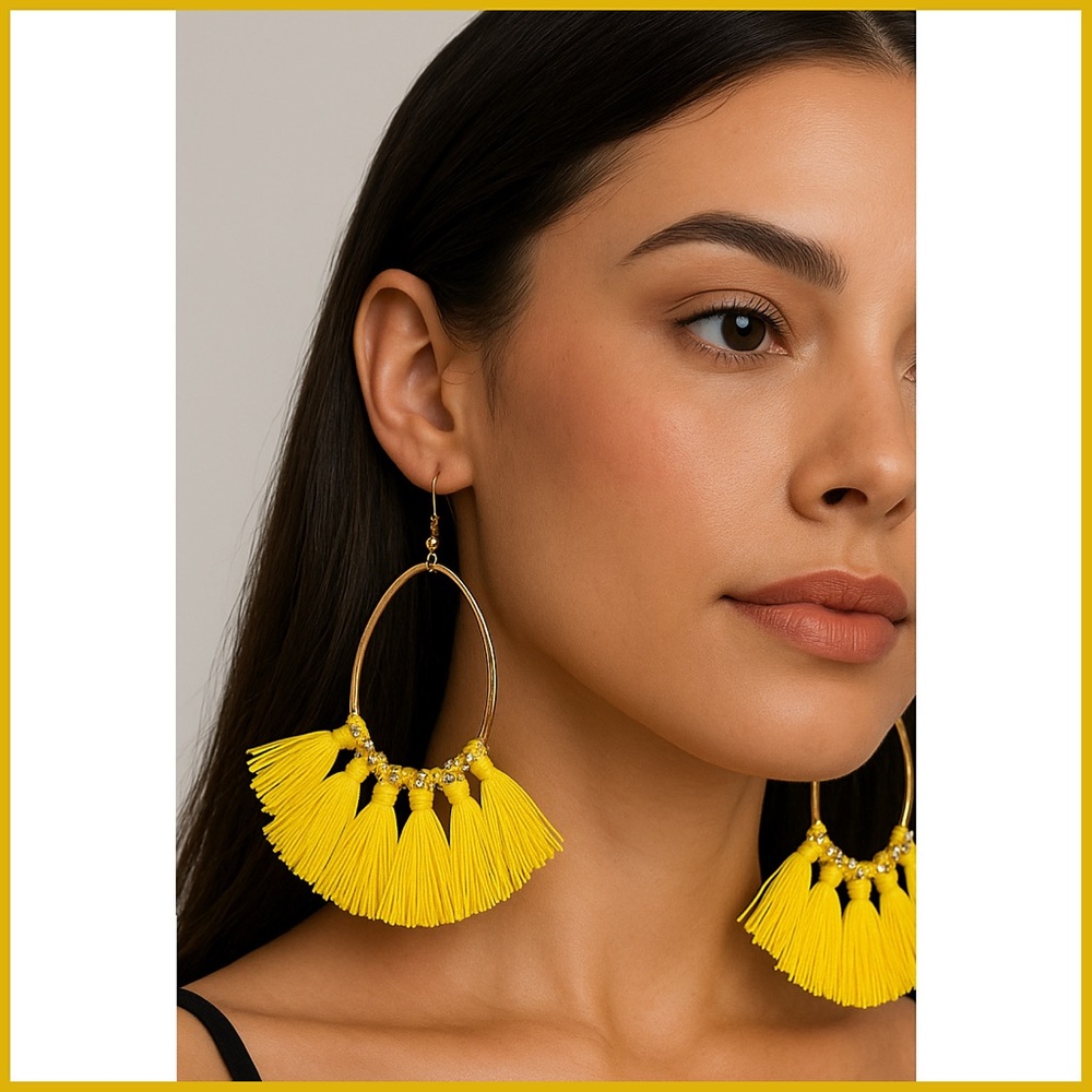 Rampage Yellow Fringe Hoop Drop Earrings with Gems
